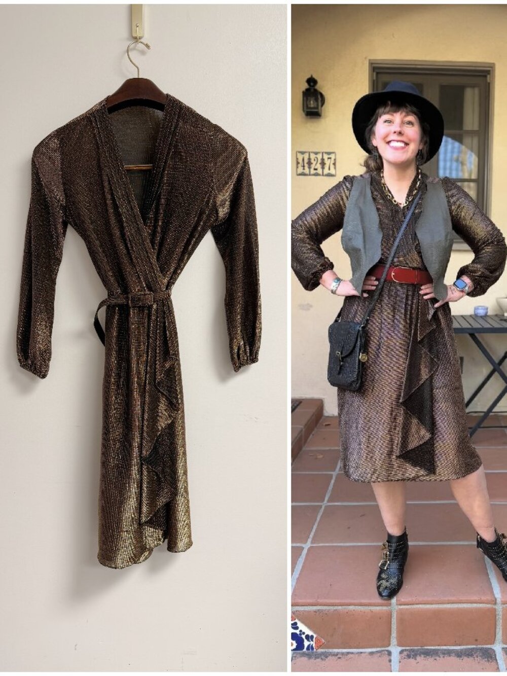 Vintage 70s 80s Metallic Lurex Bronze Gold Belted Long Sleeve V Neck Dress S/M